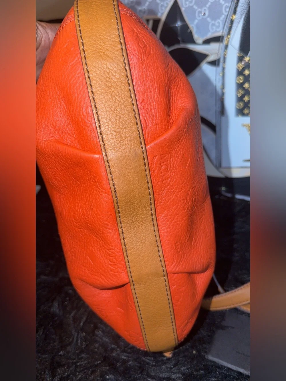 MCM Orange Pebbled Leather Shoulder Bag with Gold Logo